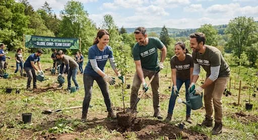 Corporate team planting trees